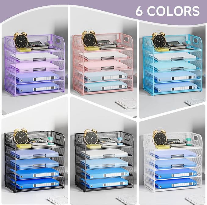 5-Tier Stackable Paper Organizer with Handle, Purple | Metal Mesh Letter Tray, Elegant Desk File Sorter for Office, Home & Classroom Organization - Image 6