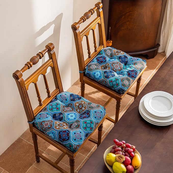 vctops Boho Geometric Chair Cushions with Ties U-Shaped Soft Cozy Cotton Linen Chair Pads Non Slip Seat Cushions for Indoor Dining Room and Kitchen Chairs (Blue,18"x18") - Image 2