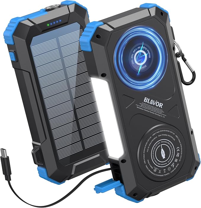 BLAVOR Solar Charger Power Bank Built-in Retractable USB-C Cable, 20000mAh Wireless Magnetic Portable Charger with Camping Light, Flashlight, 20W Fast Charging Battery Pack for Outdoor Camping Hiking by BLAVOR