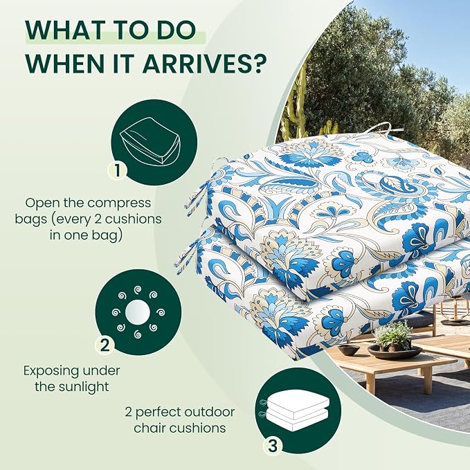 HARBOREST Outdoor Chair Cushions Set of 2, Water Resistant Patio Chair Cushions with Ties, Outdoor Seat Cushions for Patio Furniture, 17"x16"x2", Blue Butterfly - Image 5