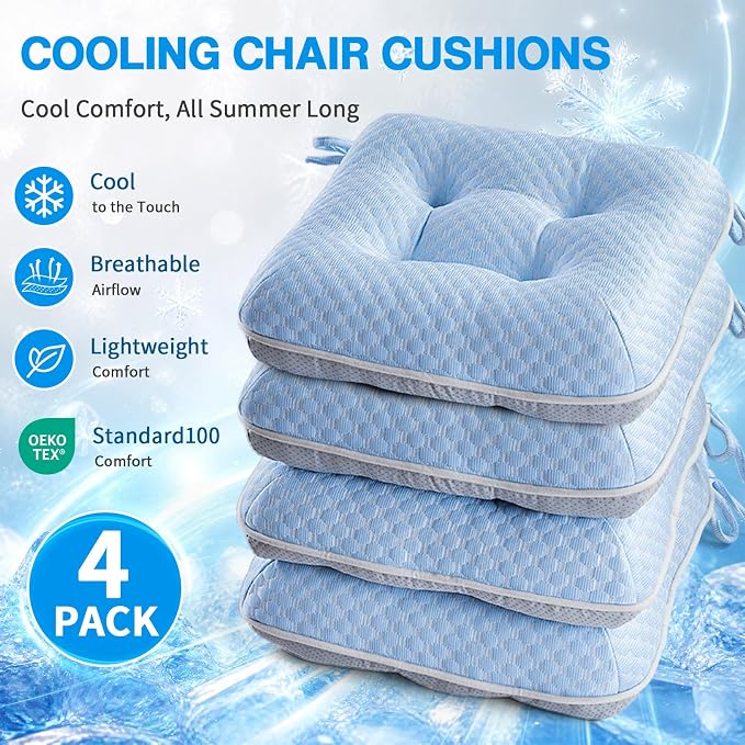 BETU Cooling Chair Cushions Set of 4, 3.5” Thick Seat Cushions,Breathable Comfort Fabric Chair Pads with Non Slip Bottom & Ties, Soft Support Cushion for Kitchen, Office, Patio, 15.5"X15.5"X3.5"Blue - Image 8