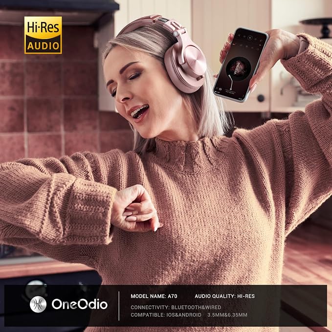 OneOdio A70 Bluetooth Over-Ear Headphones, Hi-Res Wired DJ Studio - RG | Wireless over-ear headphones with 72H playtime, 3.5mm/6.35mm wired jacks for studio monitoring, mixing, guitar, amp and PC - Image 2