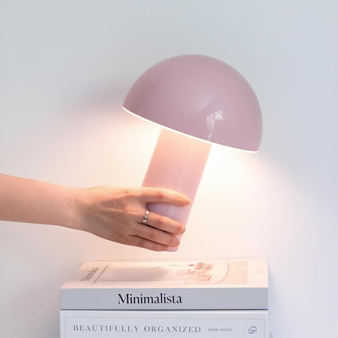 Brightech Celia Mood Lamp – 10" Touch-Controlled Mushroom Table Lamp, Cordless & Dimmable LED, Portable & Rechargeable Bedside Night Light, Sustainable Recycled Modern Patio Lamp for Home Décor – Pink by Brightech
