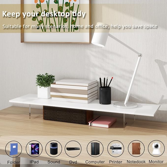 Monitor Stand Riser,Wood & Acrylic Computer Monitor Stand with LED Light,Desk Accessories Desktop Organizer Stand for Computer,Laptop,Printer,PC & TV Screen Riser… (All White) - Image 3