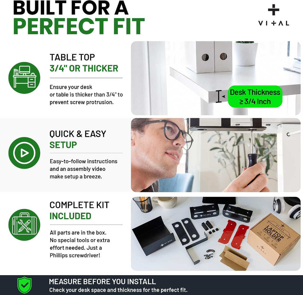 VI+AL Under Desk Laptop Mount - Hidden Metal Shelf with Side Storage, Hook & Cable Organizer - Installs with Tape & Screws - Fits Devices up to 1.7" Thick - Deluxe - Image 5