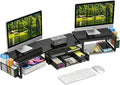 Simple Trending Dual Monitor Stand with Drawer and 2 Pen Holders, Black | 42"L x 9.5"W x 4.75"H. Sturdy metal. Fits 2 monitors. Reduces neck strain. Drawer + 2 pen holders. Easy assembly. 24h support by SimpleTrending