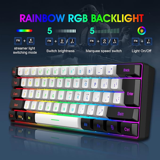 Snpurdiri 2.4G 60% Wireless Gaming Keyboard and Mouse Combo, Black-White | Include Mini 60% Gaming RGB Backlit Keyboard, Ergonomic Vertical Feel Small Wireless Mouse - Image 8