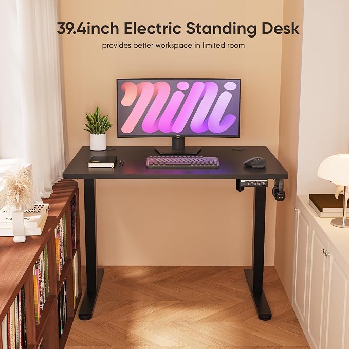 Monomi 39.4" Electric Standing Desk, Height Adjustable sit Stand up,Black | Small Ergonomic Home Office Computer Desk Workstation with 3 Memory Setting and headphone hooks,Space Saving,Easy Install - Image 4
