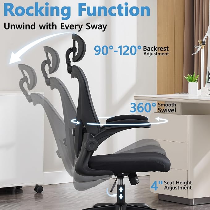 Office Chair, Ergonomic Computer Desk Chair with 3D Headrest | Comfy Home Office Desk Chair with Adjustable Lumbar Support & Flip-up Armrests, 330LBS High Back Mesh Gaming Chair, Black - Image 5