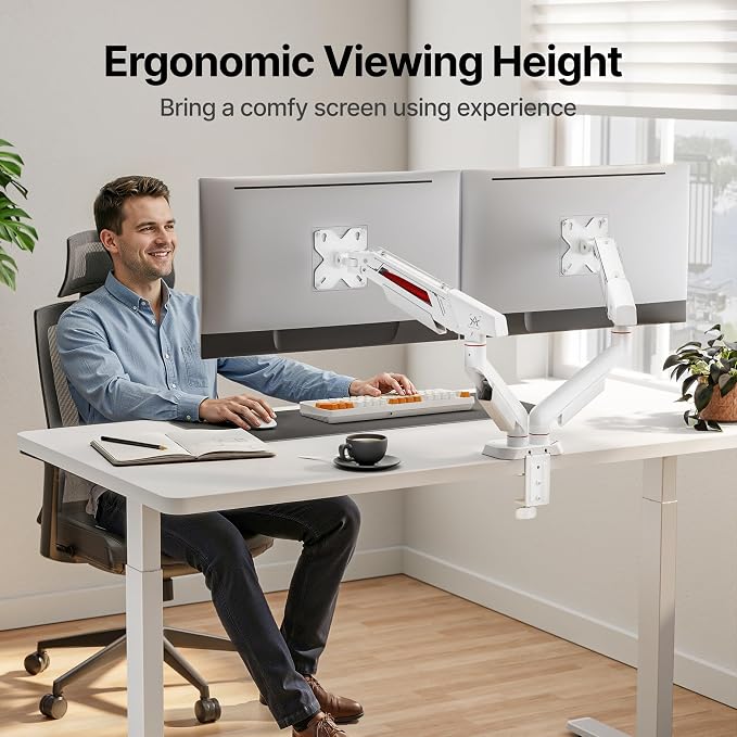 ARES WING Dual Monitor Arm for 17-35 Inch Flat Curved Screens, White | Fully Adjustable Monitor Mount for Ultrawide Screens up to 26.5lbs, C-Clamp & Grommet Base, 75/100 Vesa Mount - Image 9