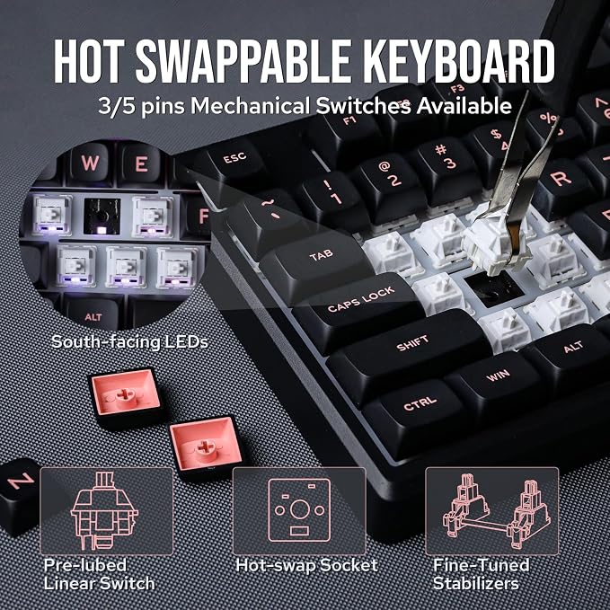 EPOMAKER Galaxy100 QMK/VIA Wireless Gaming Keyboard, Aluminum Shell, BT/2.4Ghz/USB-C, Pre-Lubed Hot-Swappable Linear Switches, NKRO, RGB Backlit (Black, Wisteria Linear Switch) - Image 6