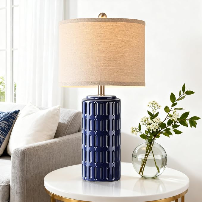 23" Farmhouse Modern Ceramic Table Lamp Set of 2 - Navy Blue Bedside Lamps for Bedroom & Living Room, Nightstand, Desk, End Table - Image 5
