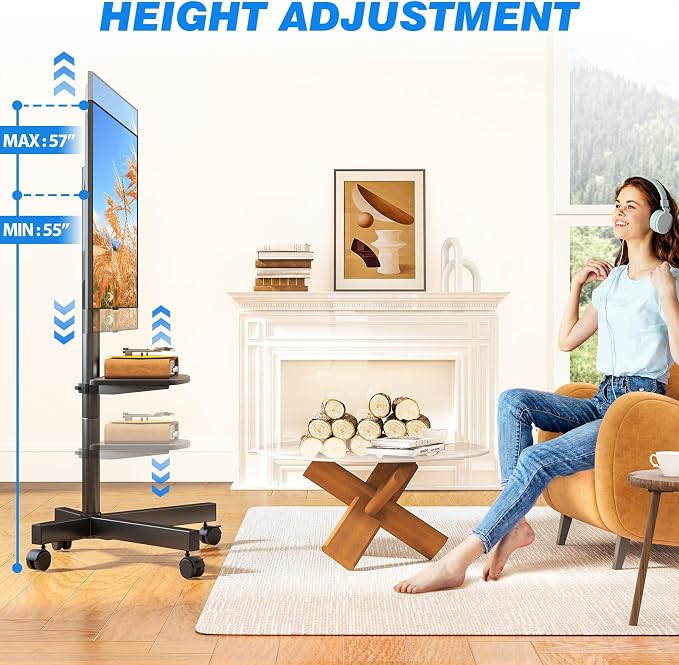 Rfiver Mobile TV Stand for 23-65 Inch Flat/Curved TVs up to 88 lbs Black | Rolling TV Stand with Adjustable Shelf & Tilt, Portable Floor Stand on Wheels for Bedroom, Living Room, Max VESA 400x400mm - Image 3