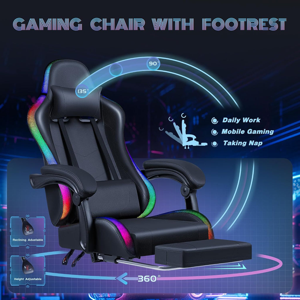 Furmax Gaming Chair with RGB LED Lights, Video Game Chair with Footrest and Massage Lumbar Support, High Back Reclining Computer Chair with Headrest, Swivel Seat Gamer Chair (LED Black) - Image 6