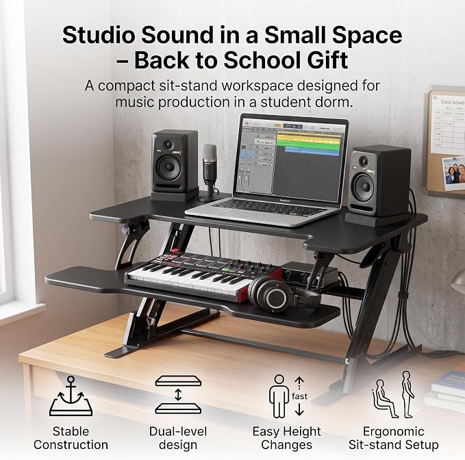 Standing Desk Converter 32 x 24 Inches - Height Adjustable Sit to Stand Riser with Keyboard Tray, Ergonomic Music Studio Workstation for Home Office, Dorms, Black - Image 4