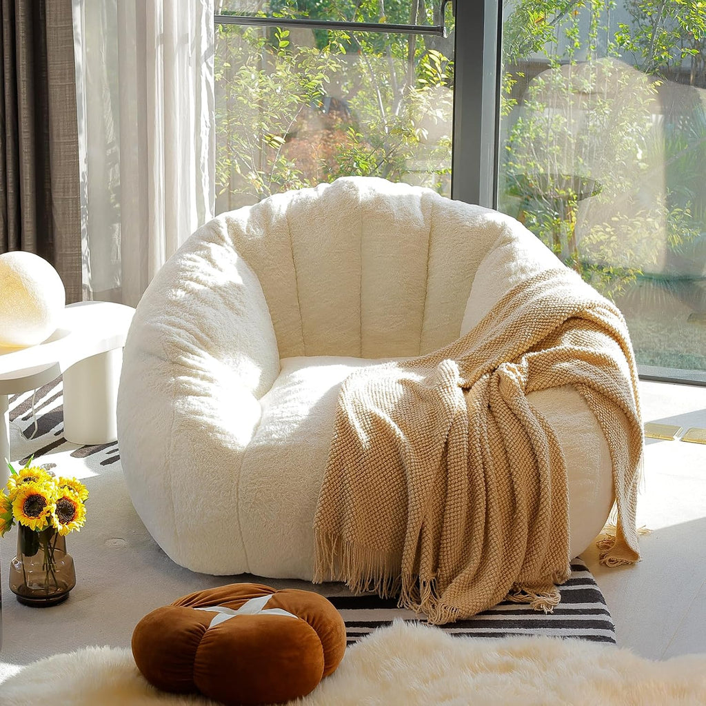 Giant Bean Bag Chair for Adults, Teens and Kids, Cozy Fluffy Corduroy Beanbag Chair with Filler, Large Floor Lounge Sofa for Living Room, Bedroom, Dorm, Gaming and Reading(L-Ivory) - Image 9