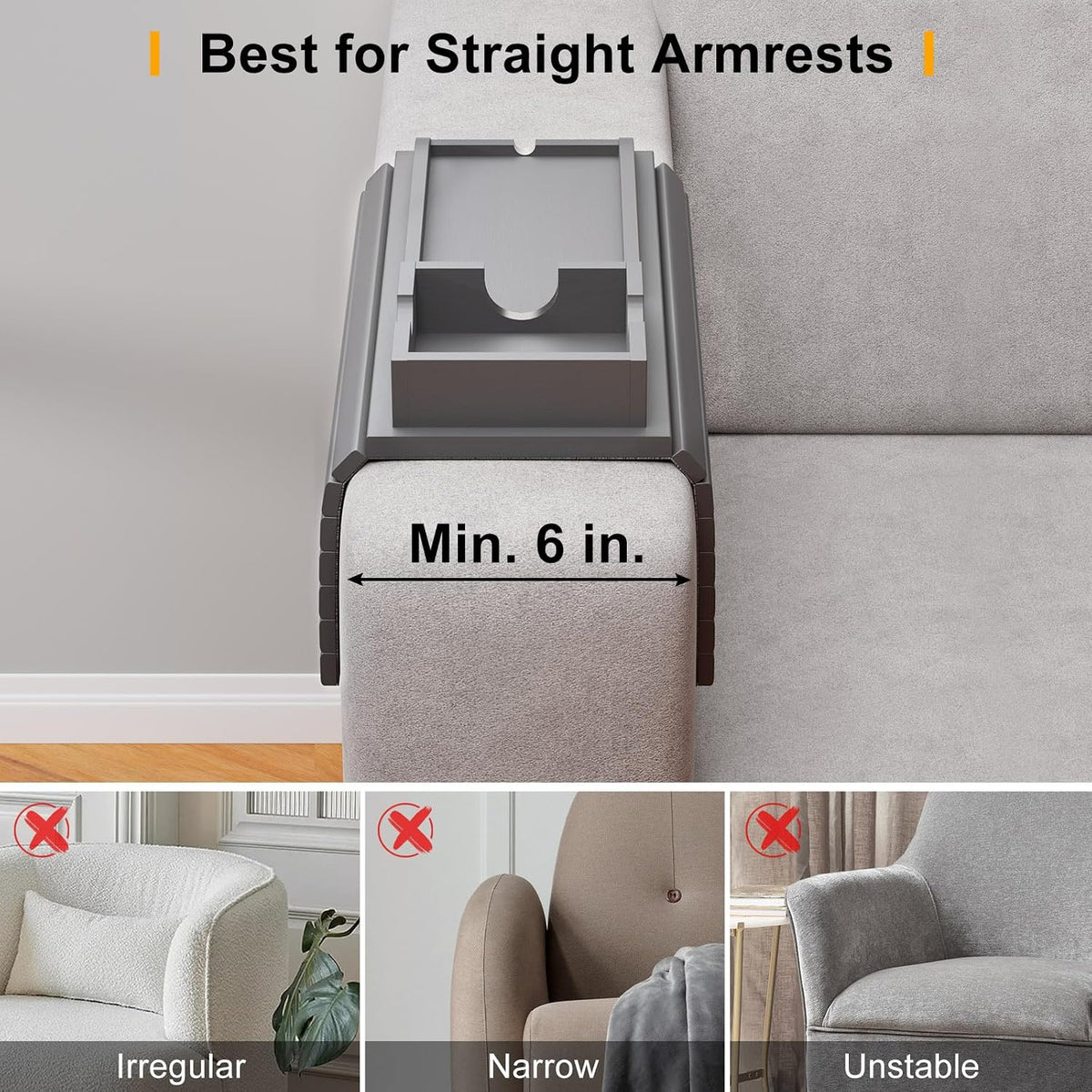 Bamboo Couch Armrest Table with Detachable Cup Holder Tray (Gray) - Image 4