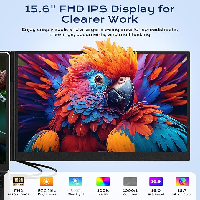 15.6" Laptop Screen Extender, Dual 1080P FHD IPS Portable Monitor for 13-17.3" Laptops, Plug and Play Triple Screen with USB-C HDMI, 300 Nits, 100% sRGB, Built-in Speakers for Work, Travel, Gaming - Image 2