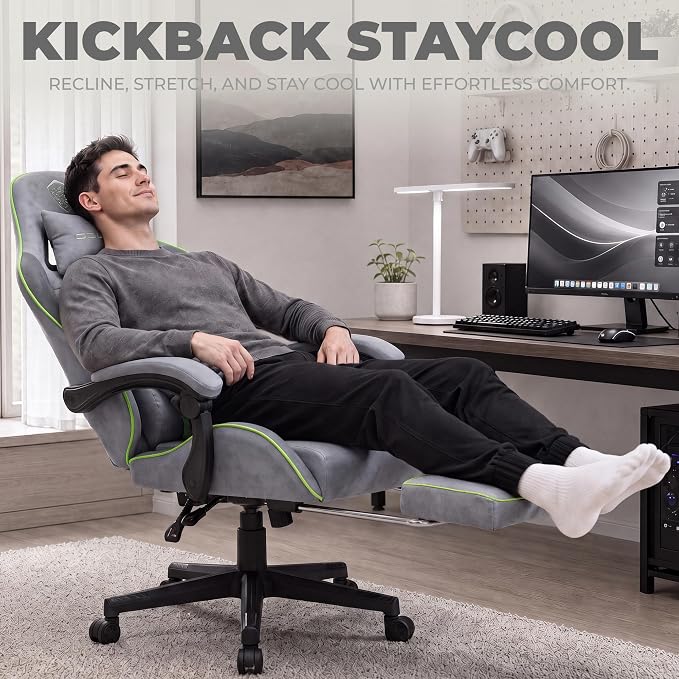 Dowinx Gaming Chair Fabric with Pocket Spring Cushion, Massage Game Chair Cloth with Headrest, Ergonomic Computer Chair with Footrest 290LBS, Light Grey - Image 4