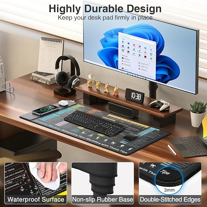 Wireless Charging Mouse Pad, 31.5"x15.8" Big Excel Cheat Sheet Desk Pad | Office Spreadsheet Keyboard Mat, Waterproof Ultra-Smooth Surface, Non-Slip Stitched Edge - Image 5