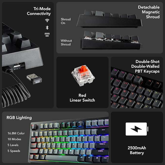TECWARE Phantom+ Elite 87 Key RGB Mechanical Gaming Keyboard | 3 Mode Wireless Bluetooth 5.0 2.4GHz & USB C Wired | Hot Swappable 5 Pin | Double Shot PBT Keycaps | Wraith Red Switch - Black - Image 3