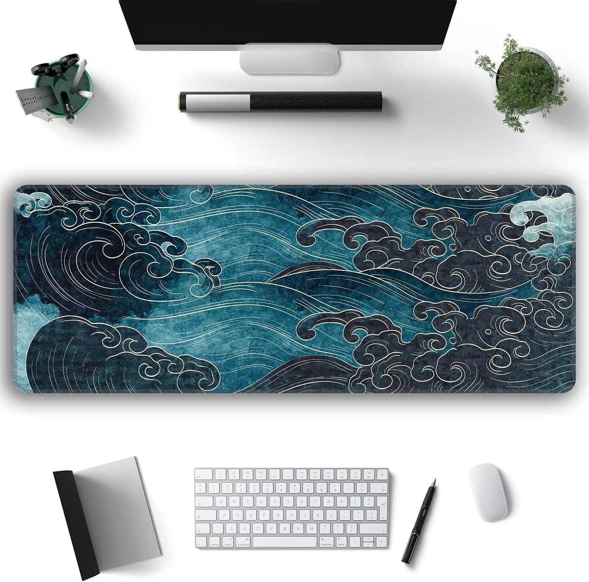 Japanese Sea Waves Mouse Pad,XL 31.5"x11.8" Big Gaming Mousepad,Japanese Sea Waves Large Extended Mouse Mat,Non-Slip Rubber Base Waterproof with Stitched Edges for Gaming Office Home - Image 2