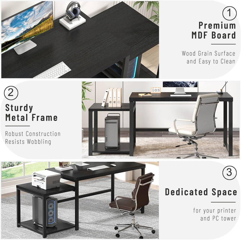 Large Home Office Desk, Black Computer Desk with Storage Shelves, Modern Wood Writing Study Gaming Table for Bedroom Living Room, 63 Inch - Image 5