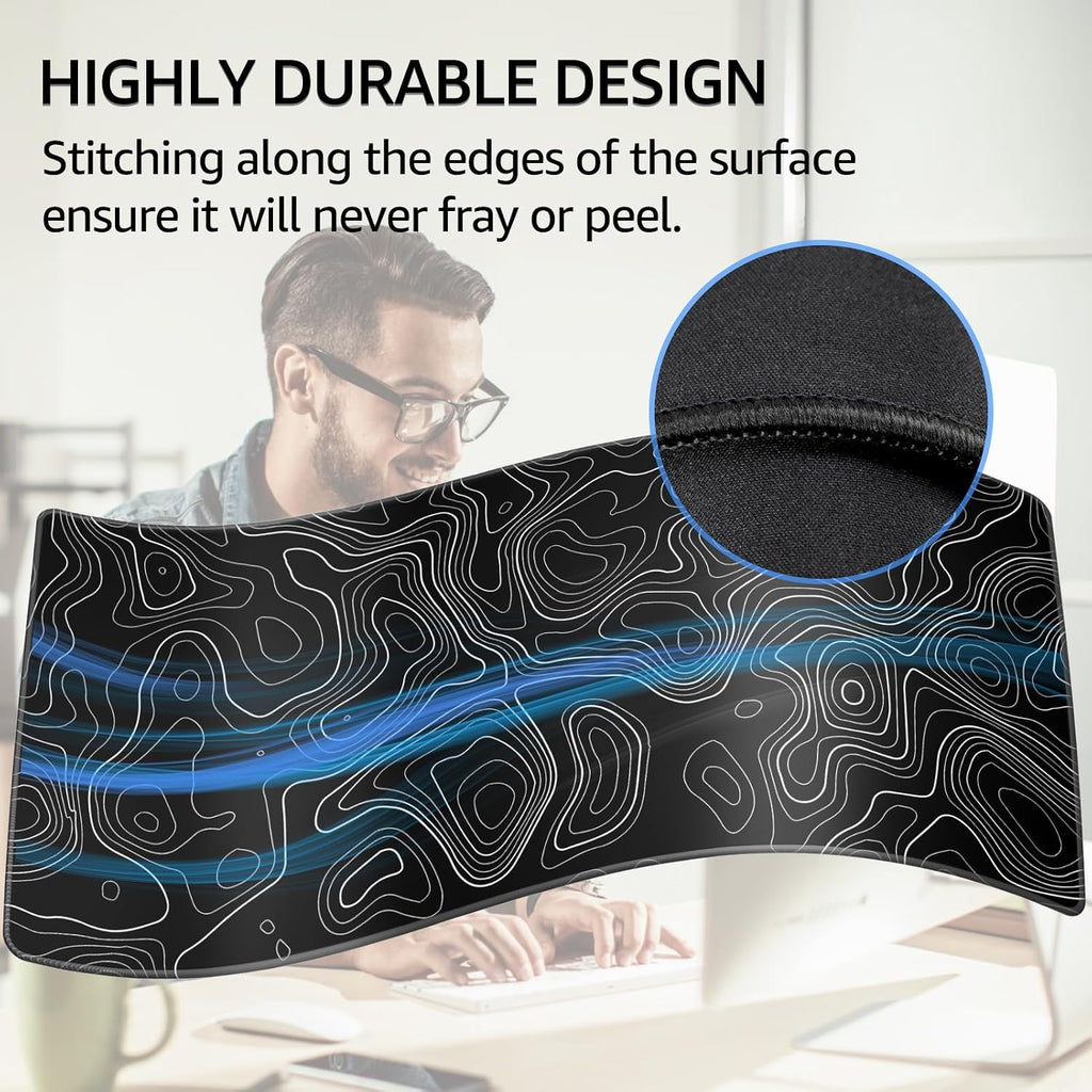 KTRIO Large Gaming Mouse Pad, 31.5 x 15.7 in, Black Topographic, XXL - Image 3