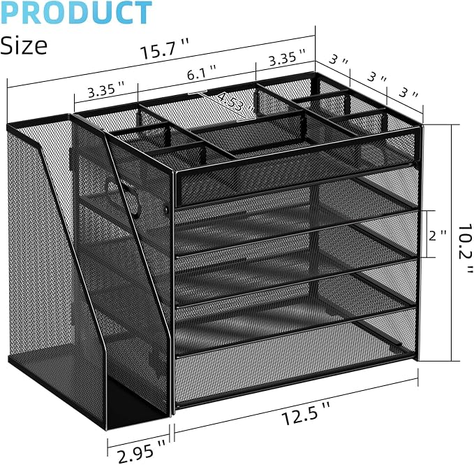 Marbrasse 5-Tier Desk Organizer with File Holder,Paper Letter Tray, Black | Desktop File Organizer with Adjustable Compartments,Mesh Desk Organizers and Accessories for Office Supplies - Image 2