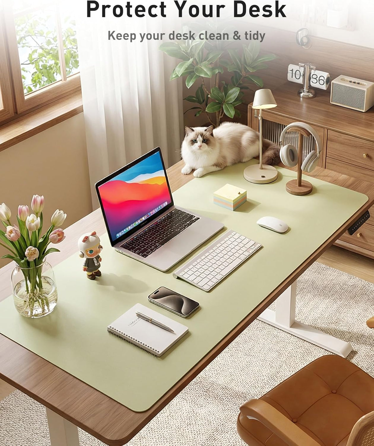 Aothia Faux Leather Desk Mat - Large Mouse Pad, Non-Slip PU Leather Blotter, Waterproof Writing Surface for Office and Home (Grass Green, 63" x 17") - Image 3