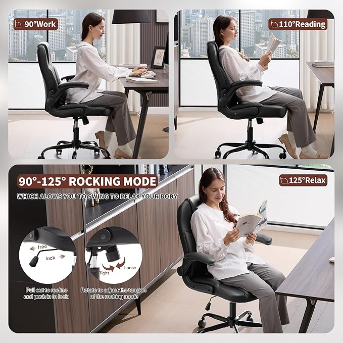 Leather Office Chair Swivel Lumbar Support for Short People Black | Executive Office Chair PU,Leather Office Chair with Wheels,360° Swivel Rolling Chair with Padded Arm,Ergonomic Computer Chair - Image 5