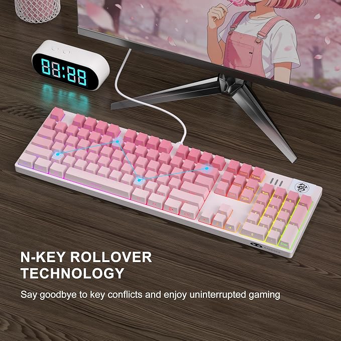 MageGee MK-Storm Mechanical Gaming Keyboard, 104 Keys Wired Light Up Keyboard with Linear Red Switch, RGB Backlit, Side-Printed Keycaps, N-Key Rollover for Laptop, Desktop, PC (Gradient Pink) - Image 5