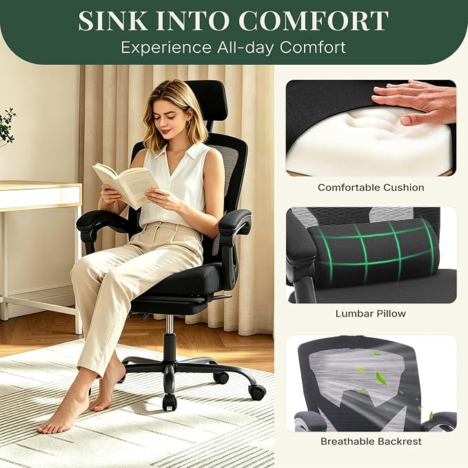 Ergonomic Office Chair with Footrest, Computer Gaming Chair | Adjustable Headrest, Lumbar Support, Swivel Reclining, Padded Armrest, Mesh High Back, Home Desk Work Study, Black - Image 7