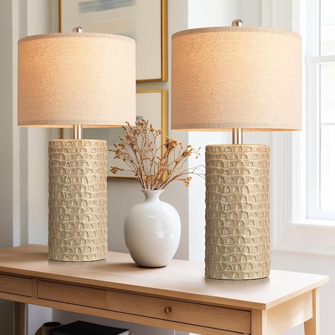 23" Modern Ceramic Table Lamp Set of 2, Table Lamps for Living Room, Rustic Farmhouse Bedside Lamps Nightstand lamp for Bedroom, Desk Lamp for End Table Home Decor Beige - Image 8