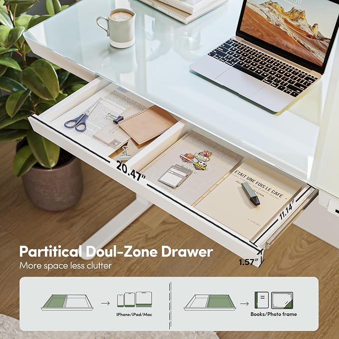 BANTI Electric Standing Desk with Drawers, 48 inch Whole-Piece Glass Desktop, Height Adjustable Stand up Sit Stand Home Office Ergonomic Workstation, White Tabletop - Image 4