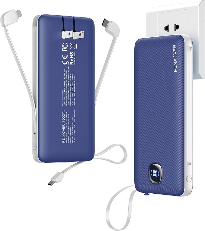 Portable Charger 10000mAh 22.5W Power Bank,Built-in 3 Cables & AC Wall Plug | Fast Charging, 0.68in Ultra Slim,Charge 5 Devices,TSA Approved Travel Essential Battery Pack for iPhone/Samsung/Android by penaover