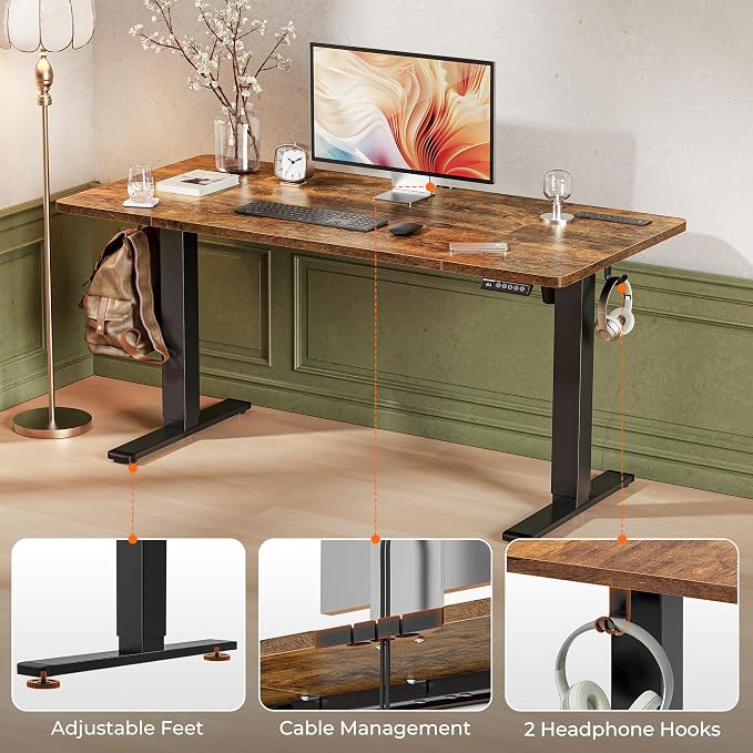Huuger 55 x 28 Large Electric Standing Desk with 4 AC Outlets, Type-C Port, Height Adjustable Computer Desk, 27.6" Deep Desktop, Stand up Gaming Office Desk, 3 Preset Heights, Rustic Brown, ACD135Z - Image 9