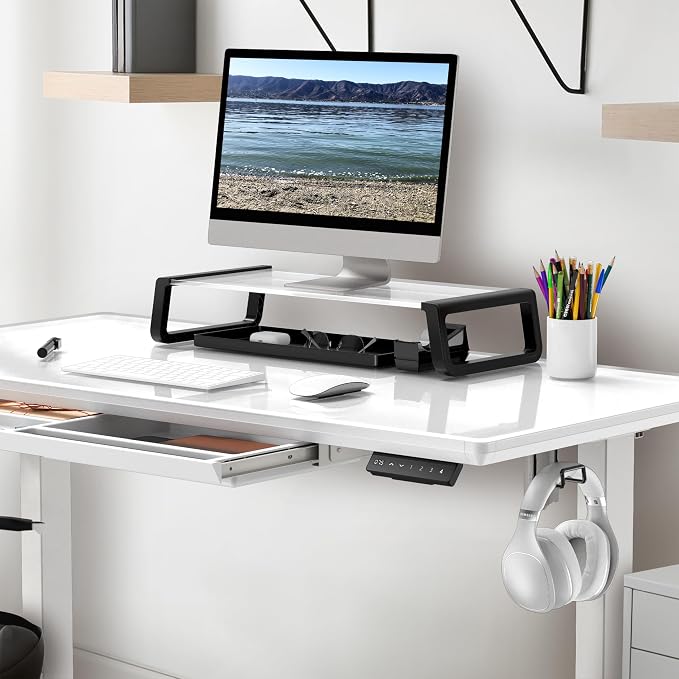SHW 48-Inch Glass Electric Height Adjustable Standing Desk, White | w/ Monitor Riser | Memory Presets and Cable Management | Drawer with Built-in Compartments | Hanging Hooks - Image 2