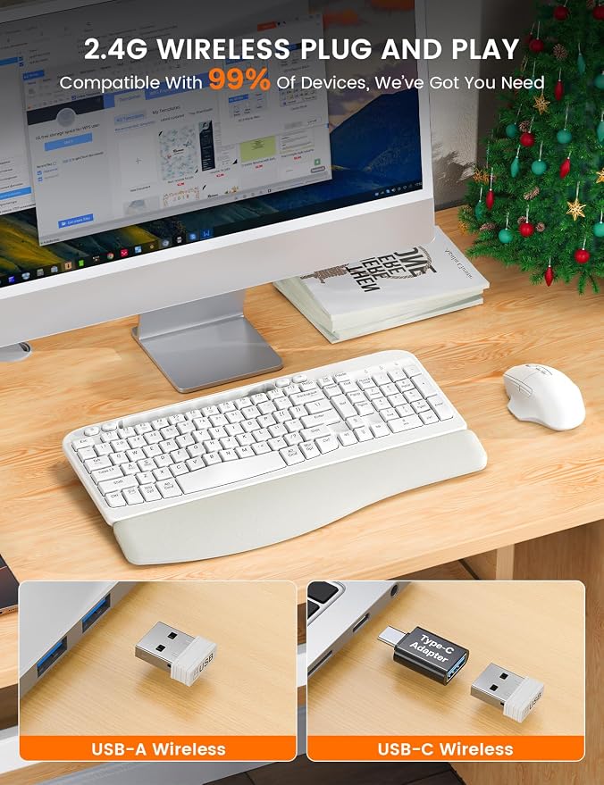 Wireless Keyboard and Mouse Combo with Ergonomic Wave Key | Leather Soft Palm Rest, Rechargeable, 4-Level DPI, Phone Holder, 2.4GHz, MA22 Plus Full Size Set for PC, Laptop, Windows, Mac - Image 4