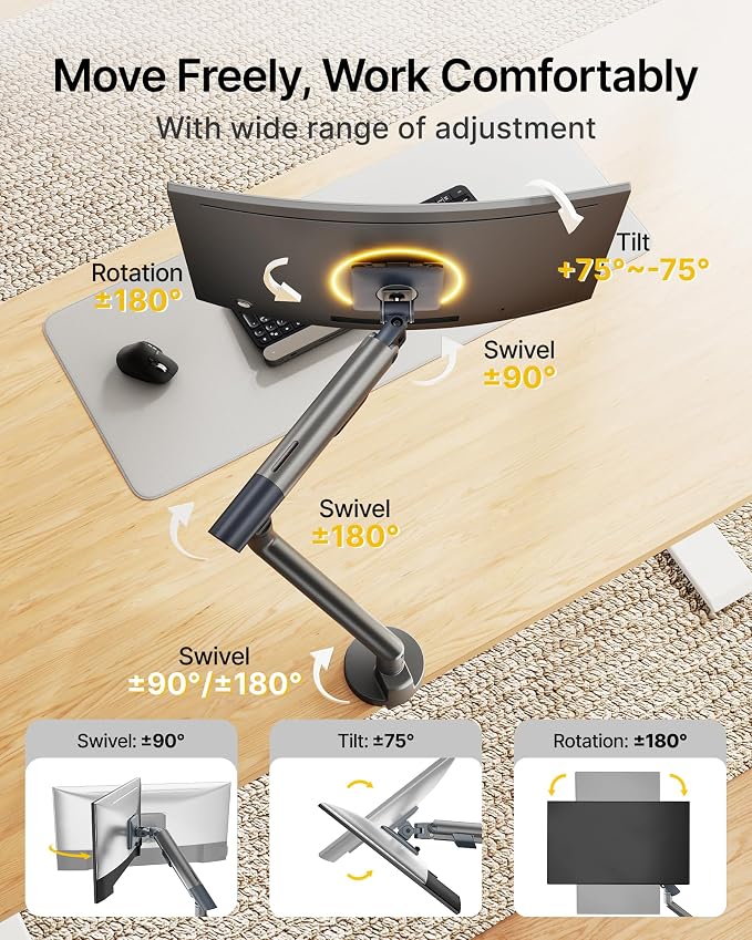 monTEK Aluminum Monitor Arm for 17-40" Screens, 26.4 lbs, Gray | Mechanical spring, tension indicator, full motion, VESA 75/100 compatibility, clamp/grommet bases and cable routing - Image 4