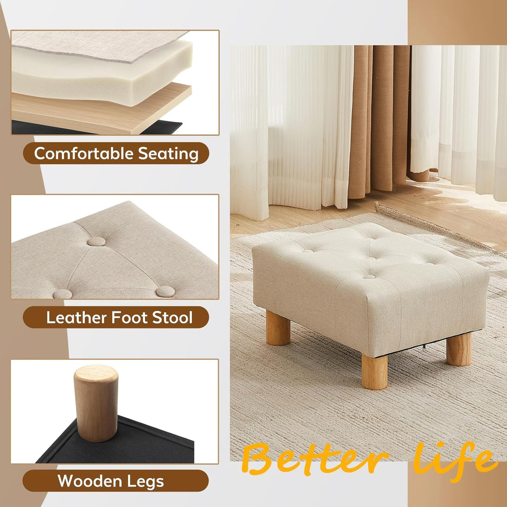 Small Foot Stool Ottoman, Linen Footstool Ottoman Foot Rest for Couch, Rectangle Footstools and Ottomans Small for Living Room, Entryway and Bedroom (Beige) - Image 5