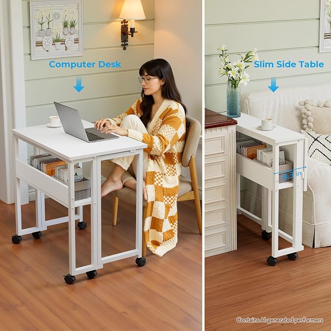 GreenForest Folding Desk with Wheels, 31.5" Rolling Table for Small Spaces | Storage Shelf, Lockable Casters, Compact Portable Workstation, Space-Saving Foldable Sofa Table, Home Office, Mobile, White - Image 6