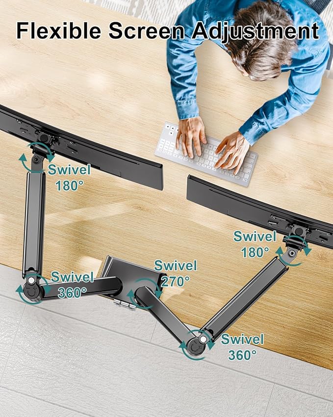 Dual Monitor Arm Desk Mount Fits 13 to 32 inch Computer Screens, Holds 4.4 to 22lbs Display VESA Mount, Adjustable Double Monitor Stand with Clamp/Grommet Base, 75/100mm Bracket, Black, Freelift - Image 4