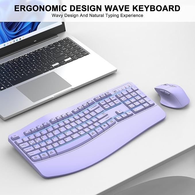 Wireless Keyboard and Mouse Combo, 2.4G Ergonomic Wave Keys(Purple) | Full Size Wave Keyboard with Wrist Rest, 3-Level DPI Adjustable Ergonomic Mouse for Windows and Mac OS Desktop/Laptop/PC - Image 2