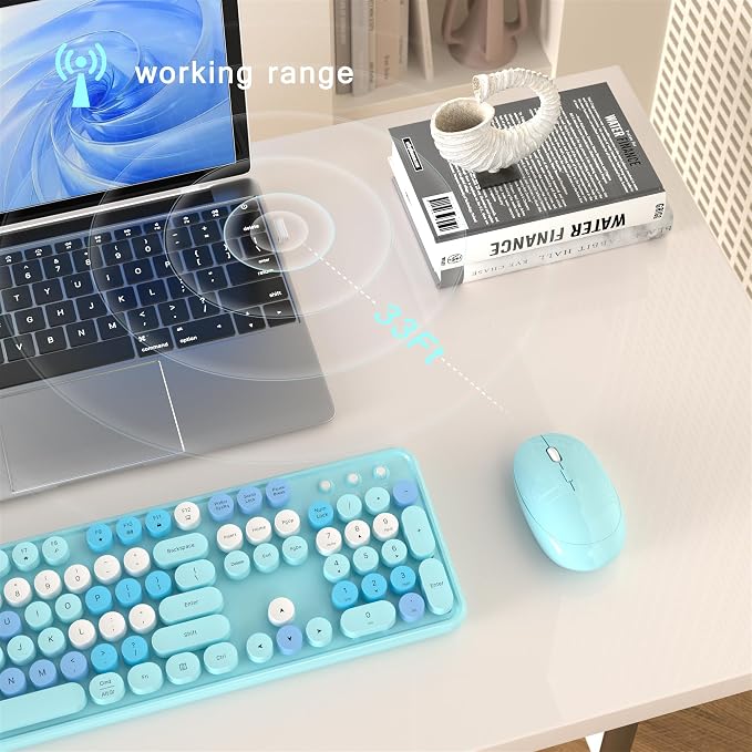 MPTOG Colorful Wireless Computer Keyboard and Mouse Combo (Blue-Colorful) | Retro Round Typewriter Keycaps, Power Switch, Ergonomic Design, 2.4GHz Wireless for Windows, Mac, PC - Image 4