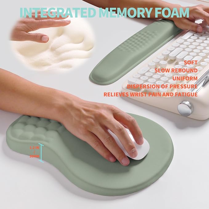 2-in-1 Ergonomic Set, Wave Rise Keyboard Wrist Rest and Massage Bulge Slope Mouse Pad Wrist Support, Cushion Memory Foam Integrated to Relieve Wrist Pain, Light Green - Image 4