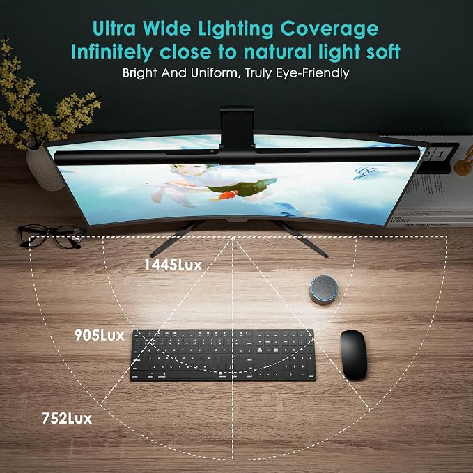 Quntis Monitor Light Bar PRO+ with Remote Control, Fit for Curved/Flat Monitor, Eye-Care USB Computer Lamp Dimmable Screen Light Bar with Auto-Dimming, No Glare Home Office Gaming Desk Lamp - Image 2