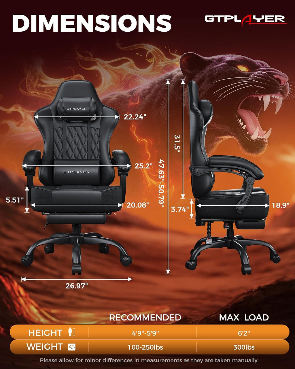 GTPLAYER Big and Tall Gaming Chair with Footrest, Ergonomic Office Desk Chair with 4.4in Thick Cushion and Wide Wingless Seat, Comfortable Leather Computer Chair, Predator Series, Phantom Black - Image 2