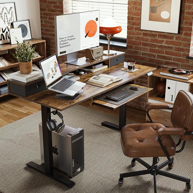 Agilestic 55 Inch Standing Desk with Drawers & Keyboard Tray, Rustic Brown | Electric Height Adjustable, 2 Storage Drawer, Monitor Stand, Sturdy Steel Frame, Memory Presets, Hooks, 154 lbs, Splice Board - Image 3