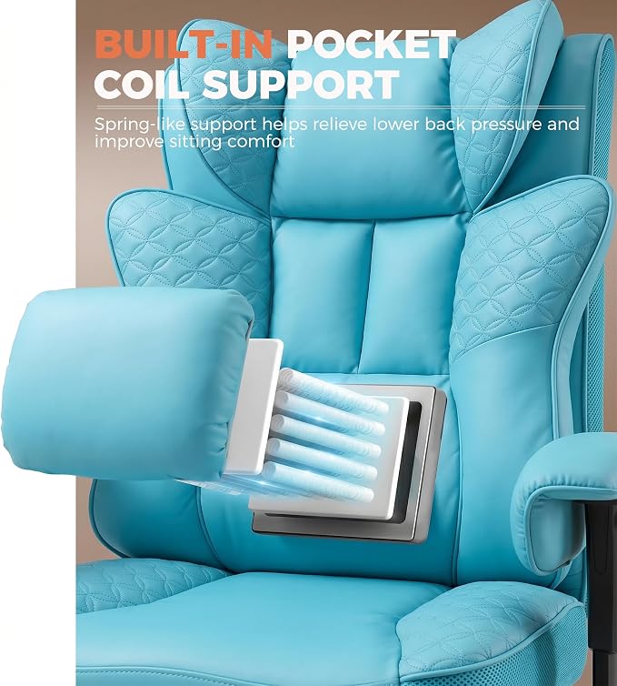 GTPLAYER Big and Tall Office Chair Wide Ergonomic Gaming Chair with Deluxe Embossing Designed Leather with Foot Rest,150°Reclining Adjustable Soft Armrests Pocket Spring Back Support and Pillow - Image 4